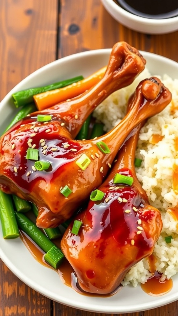 Sweet glazed chicken drumsticks garnished with sesame seeds and green onions, served with vegetables and rice.